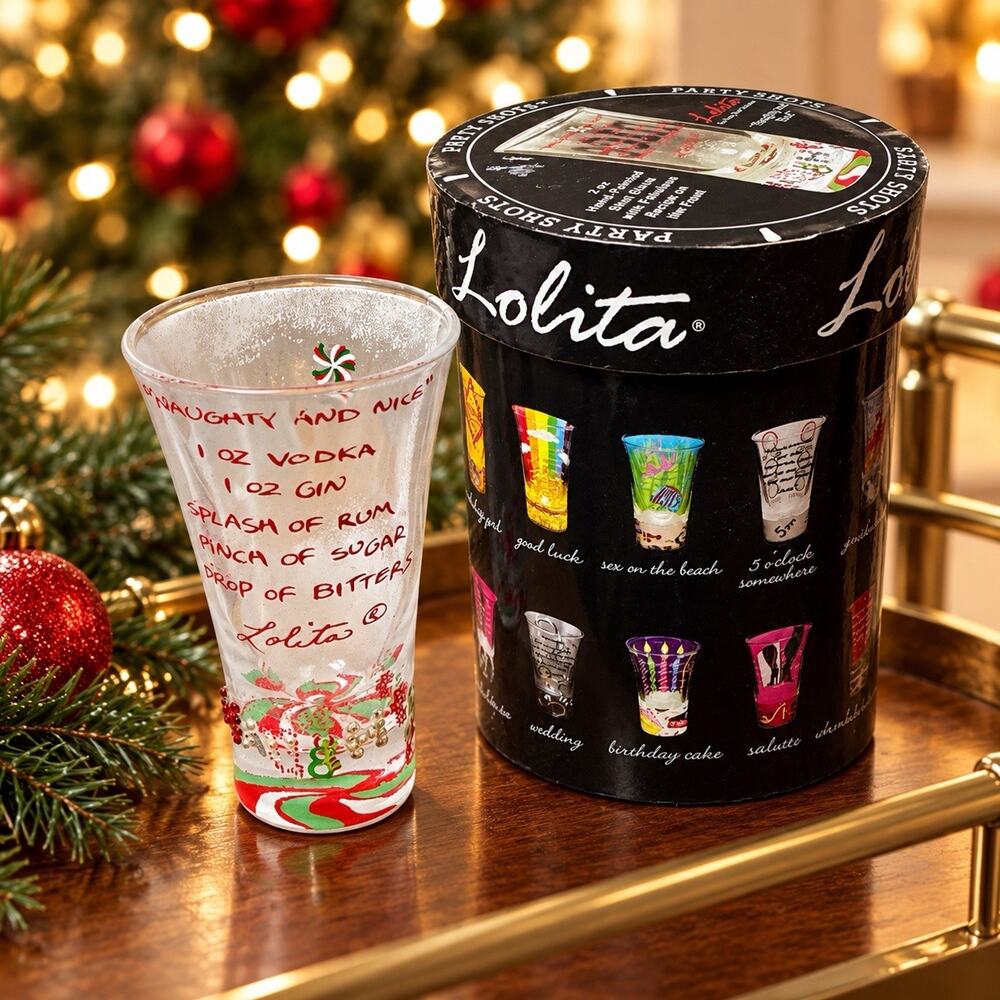 Lolita Naughty and Nice Christmas Shot Glass 2 oz Hand Painted With Gift Box